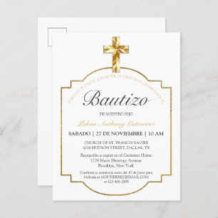 Invitation Carte Postale Elegante Bautismo de Niños Con Cruz Dorada