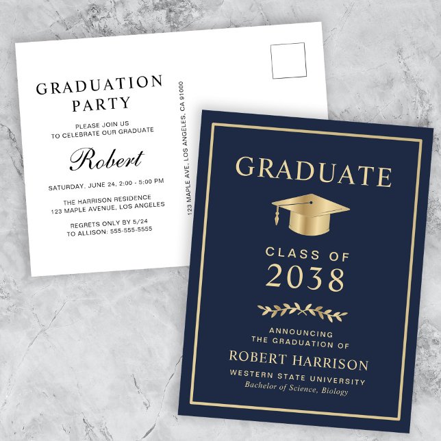 Invitation Carte Postale Élégante Bleue Gold College Parti de Graduation (An elegant college graduation party invitation postcard to celebrate the graduate's achievements)