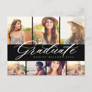 Invitation Carte Postale Élégante Calligraphie Diplômée Photo Collage Party