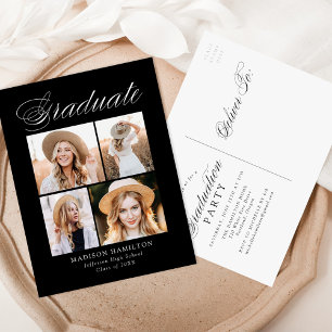 Invitation Carte Postale Élégante calligraphie Noir 4 Photo Graduation Part