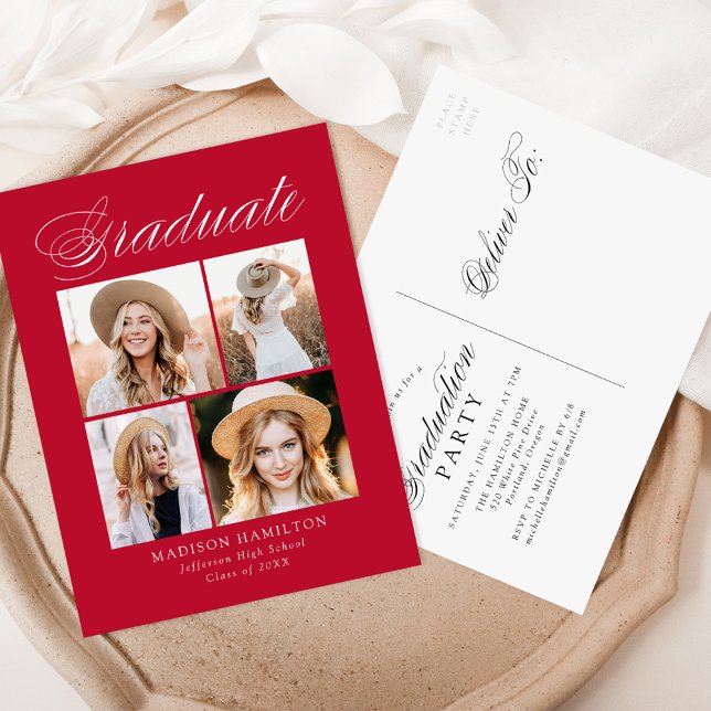 Invitation Carte Postale Élégante calligraphie Rouge Photo Graduation Party (Créateur téléchargé)
