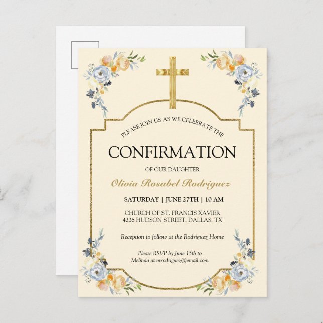 Invitation Carte Postale Élégante Crème au beurre Fleur Confirmation (Devant / Derrière)