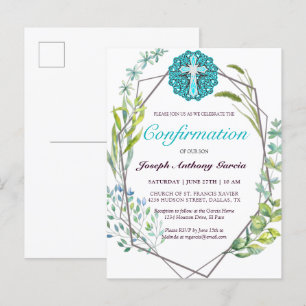 Invitation Carte Postale Elégante Croix Bleue Botanique Confirmation Floral