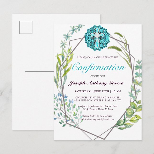 Invitation Carte Postale Elégante Croix Bleue Botanique Confirmation Floral (Devant / Derrière)