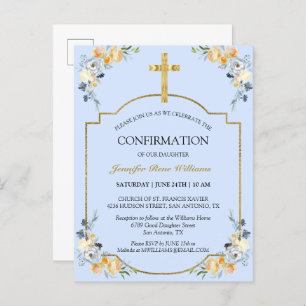 Invitation Carte Postale Elégante Croix d'or bleu Floral Confirmation Invit