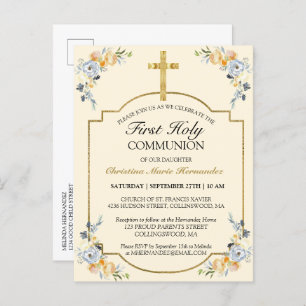 Invitation Carte Postale Elégante Croix d'or Florale 1ère Sainte Communion