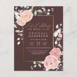 Invitation Carte Postale Élégante Fête des mariées fleurie rose