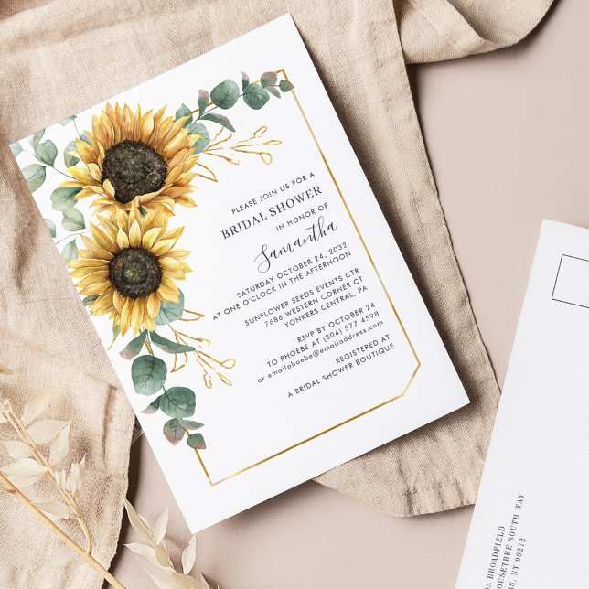 Invitation Carte Postale Elégante Fête des mariées florale de tournesol Euc (Sunflower Floral Eucalyptus Geometric Bridal Shower Invitation Postcard)