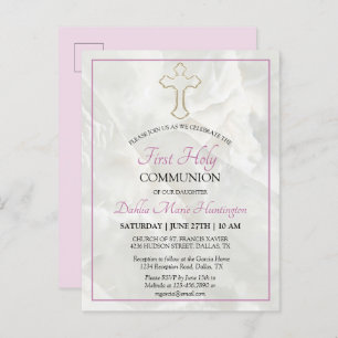 Invitation Carte Postale Élégante Filles rose Marbre Première Sainte Commun