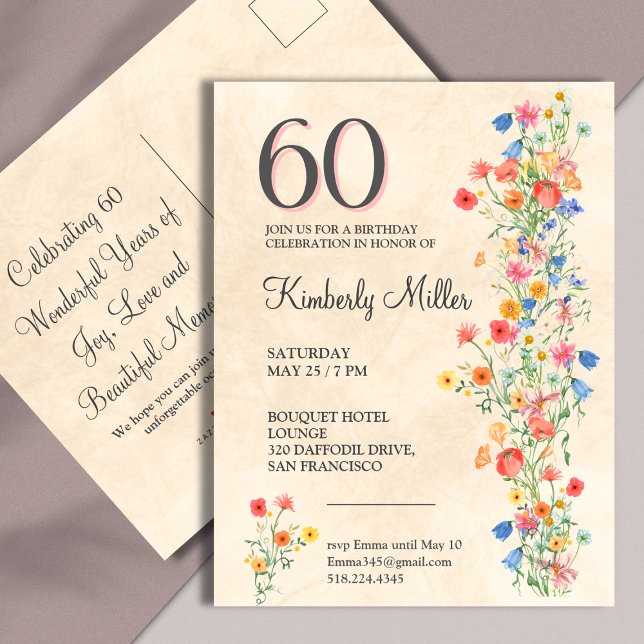 Invitation Carte Postale Élégante Fleur 60 ans Fête Florale 60e anniversair (Créateur téléchargé)