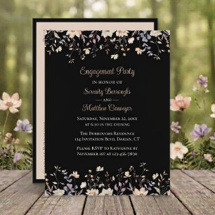 Invitation Carte Postale Élégante Fleur de Fleur Sauvage Noir Boho Fiançail