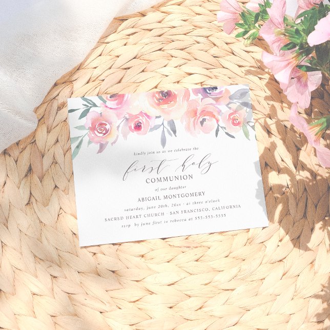 Invitation Carte Postale Élégante Fleurs Roses Bleues Première Communion Sa (Créateur téléchargé)