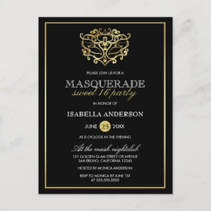 Invitation Carte Postale Elégante Gold & Black Masquerade Sweet 16 Party