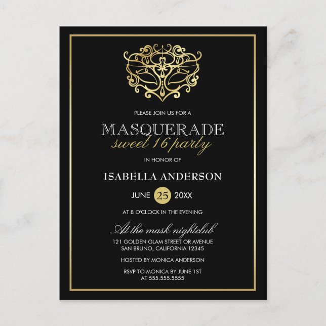 Invitation Carte Postale Elégante Gold & Black Masquerade Sweet 16 Party (Devant)