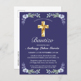Invitation Carte Postale Elegante Lavanda Cruz De Oro Bautizo Bebé