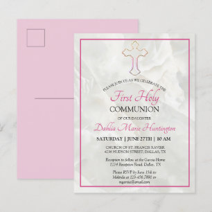 Invitation Carte Postale Élégante Marbre rose Filles Première Sainte Commun