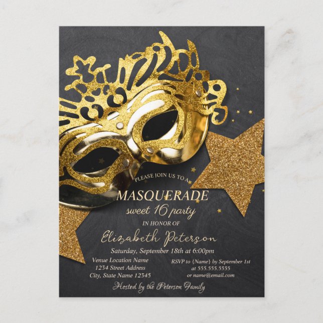 Invitation Carte Postale Elégante Masque Or Etoiles Sweet 16 (Devant)