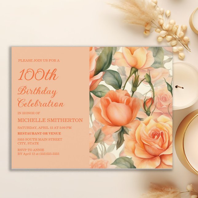 Invitation Carte Postale Elégante Pêche Orange Floral Roses 100e anniversai (Peach roses 100th birthday party invitation)