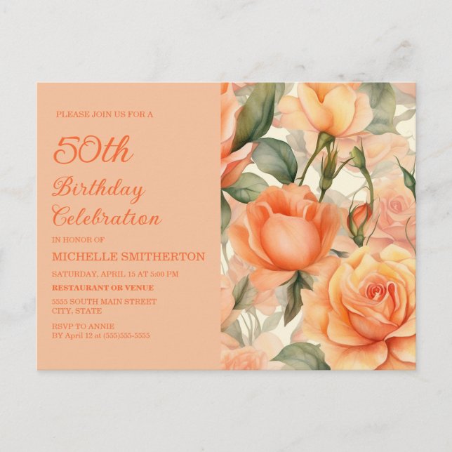 Invitation Carte Postale Elégante Pêche Orange Floral Roses 50e anniversair (Devant)