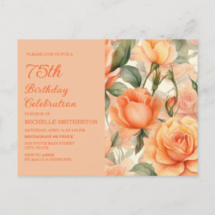 Invitation Carte Postale Elégante Pêche Orange Floral Roses 75e anniversair