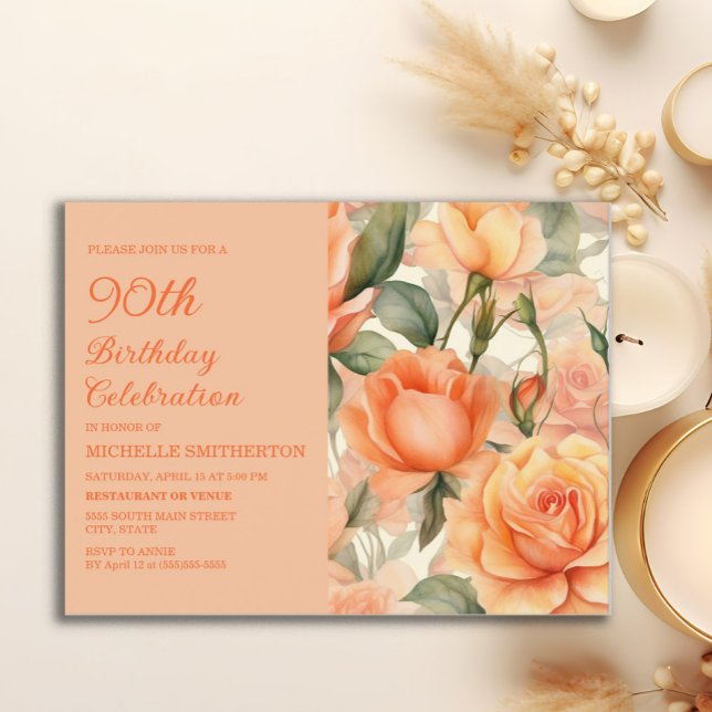 Invitation Carte Postale Elégante Pêche Orange Floral Roses 90e anniversair (Peach roses 90th birthday party postcard invitation)
