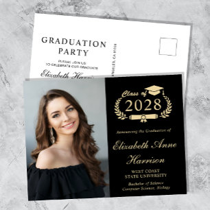 Invitation Carte Postale Élégante Photo Black Graduation Party