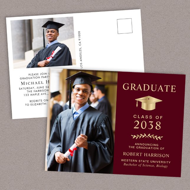Invitation Carte Postale Élégante photo Burgundy Gold Graduation Party (An elegant college graduation party invitation postcard to celebrate the graduate's achievements)