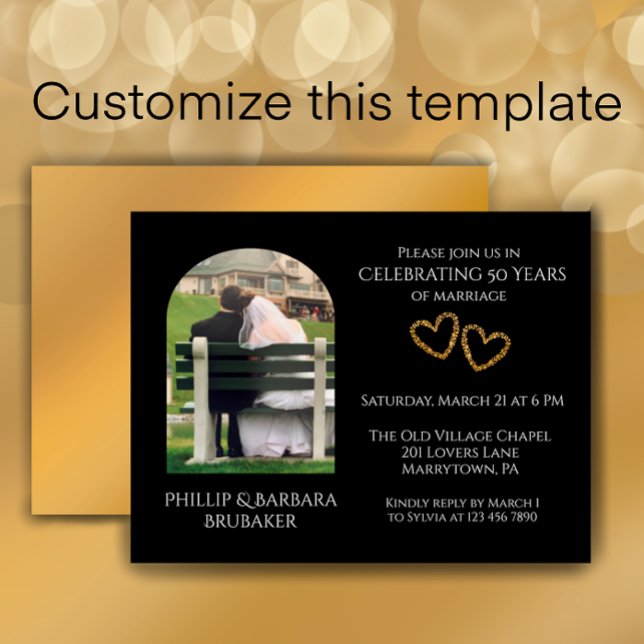 Invitation Carte Postale Elégante photo Golden 50th Mariage Anniversary (Add couple’s photo and details for an elegant personalized 50th wedding anniversary party invitation)