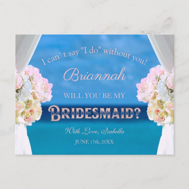 Invitation Carte Postale Elégante Plage Florale Océan Rosegold Bridesmaid (Devant)