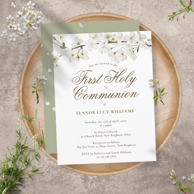 Invitation Carte Postale Élégante Première Sainte Communion Blanche Fleur F (Créateur téléchargé)