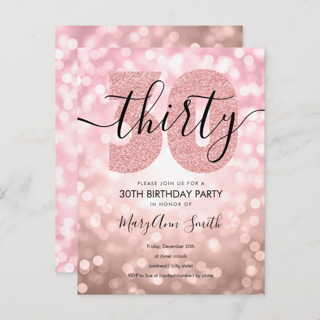 Invitation Carte Postale Elégante Rose moderne Gold 30th Birthday Party (Devant / Derrière)