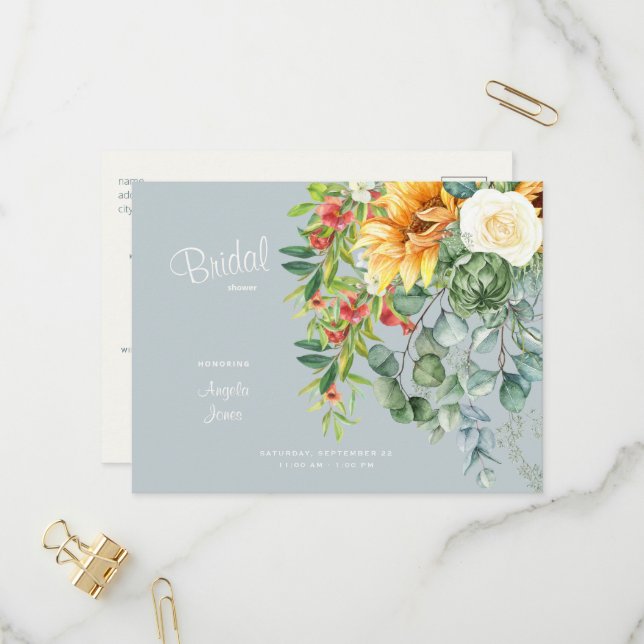 Invitation Carte Postale Elégante Sunflower Toscan Dusty Fête des mariées b (Devant/Arrière en situation)