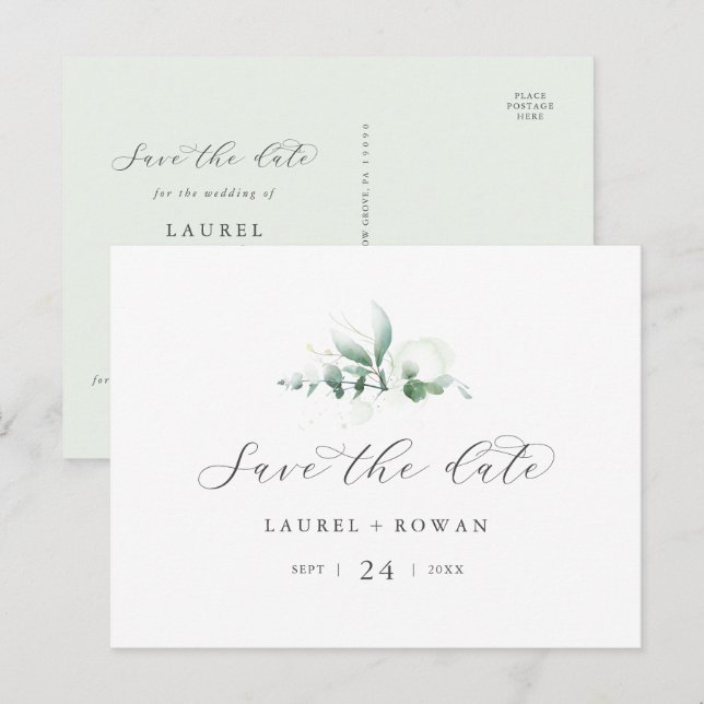 Invitation Carte Postale Elégante verdure horizontale Enregistrer la date C (Devant / Derrière)