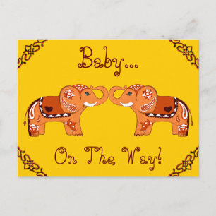 Invitation Carte Postale Eléphant au henné (orange/rouge) (Baby shower)