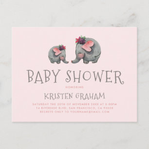 Invitation Carte Postale Eléphant Bébé mou Baby shower d'aquarelle rose