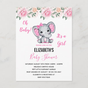 Invitation Carte Postale Eléphant de bébé rose et Baby shower frontalier Ro