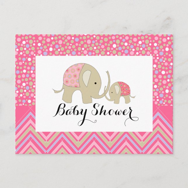 Invitation Carte Postale Eléphant de Bohême Rose et Baby shower Chevron (Devant)