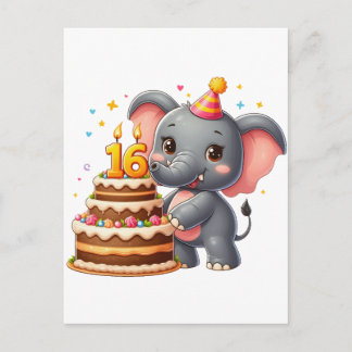 Invitation Carte Postale Éléphant mignon 16e anniversaire