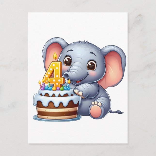 Invitation Carte Postale Éléphant Mignon 4ème Anniversaire (Devant)