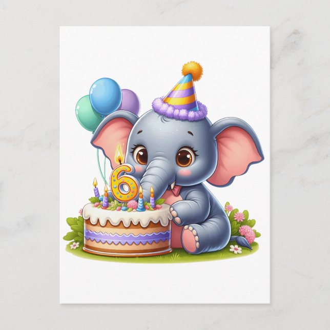 Invitation Carte Postale Éléphant Mignon 6ème Anniversaire (Devant)
