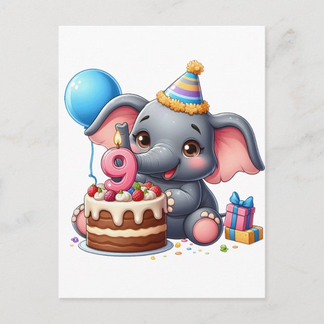Invitation Carte Postale Éléphant Mignon 9ème Anniversaire (Devant)