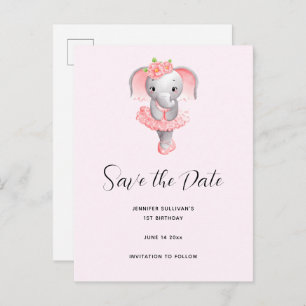 Invitation Carte Postale Eléphant mignon Ballerina rose & gris Enregistrer 