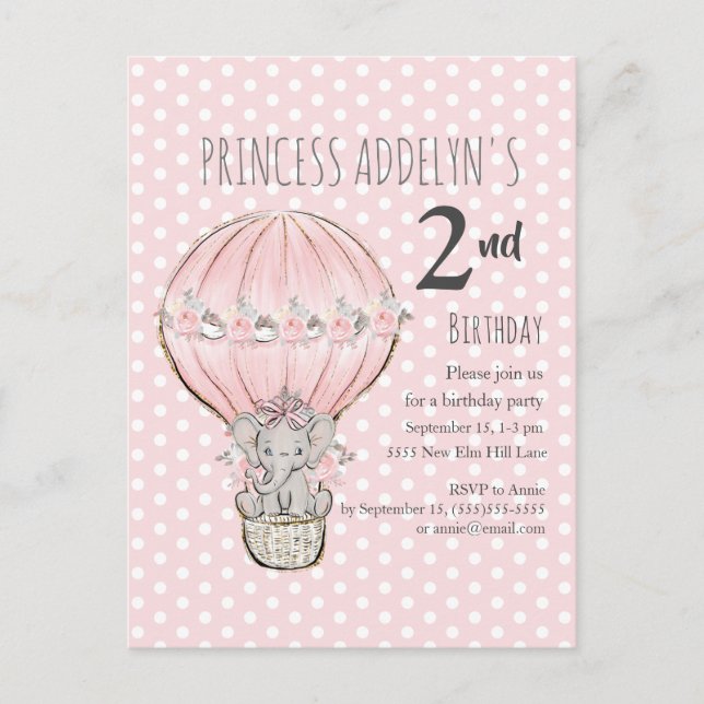 Invitation Carte Postale Éléphant Princesse Rose Ballon Points 2e Anniversa (Devant)