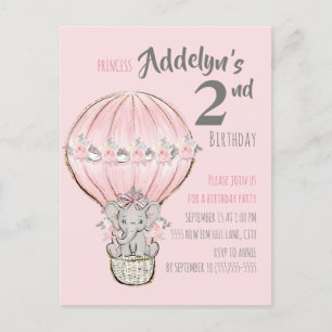 Invitation Carte Postale Éléphant Princesse Rose Montgolfière Anniversaire