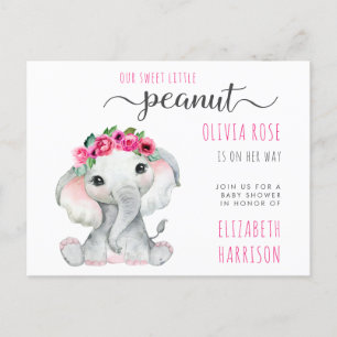Invitation Carte Postale Eléphant rose Floral Baby Girl Douche