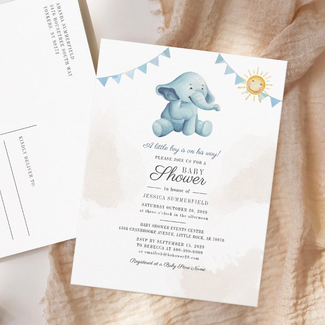 Invitation Carte Postale Elephant Sunshine Aquarelle Baby shower garçon (Sunshine and Elephant Baby Shower Invitation Postcard)