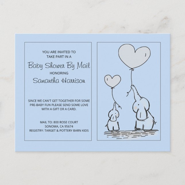 Invitation Carte Postale Elephants Blue Baby Boy Baby shower Par Mail (Devant)