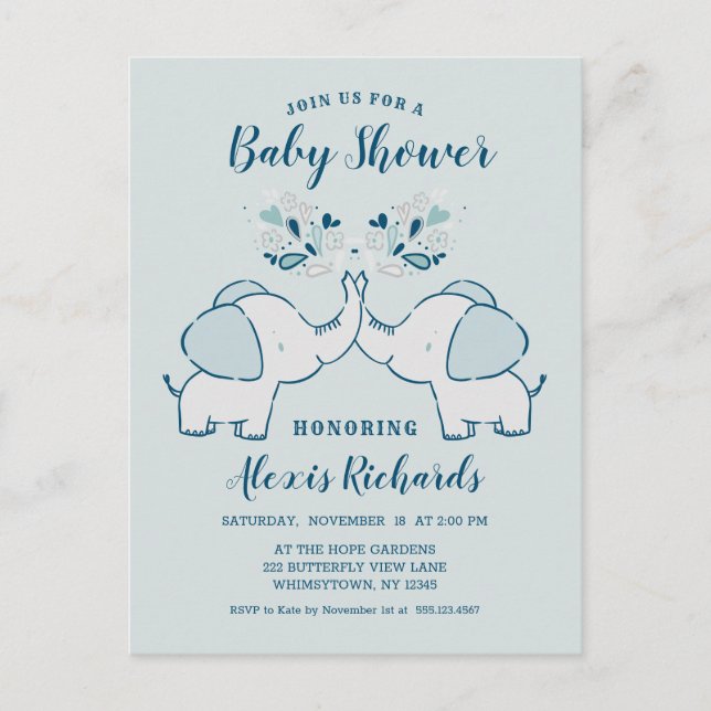 Invitation Carte Postale Eléphants dans Marine & Mint Baby Boy Twins Douche (Devant)