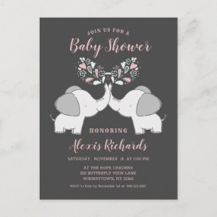 Invitation Carte Postale Eléphants en rose et gris bébé fille Twins Douche