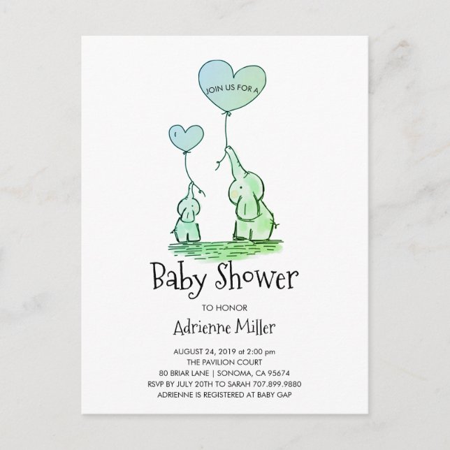 Invitation Carte Postale Eléphants et ballons Whimsical Baby Boy Douche (Devant)